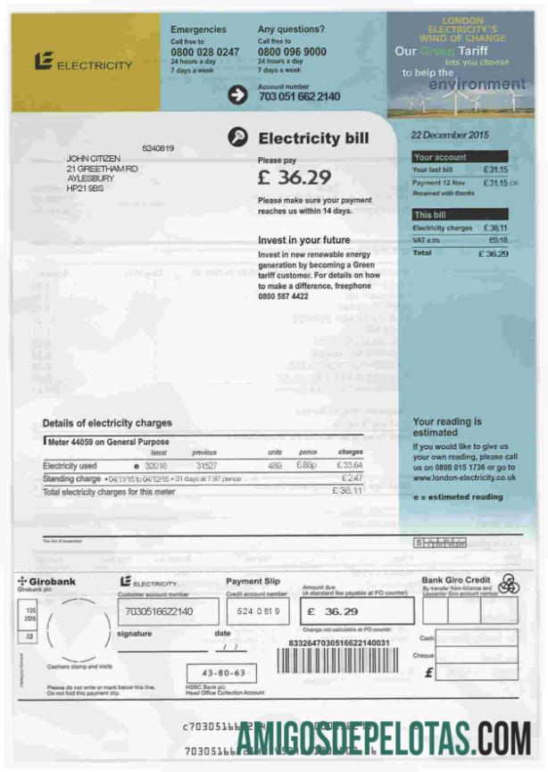 imprimível Modelo de conta de serviço público de eletricidade do Reino Unido em formato PSD